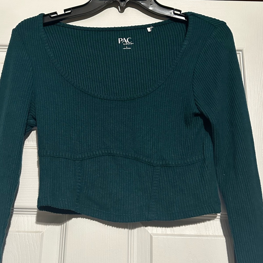 Bluish green, super cropped long sleeve blouse